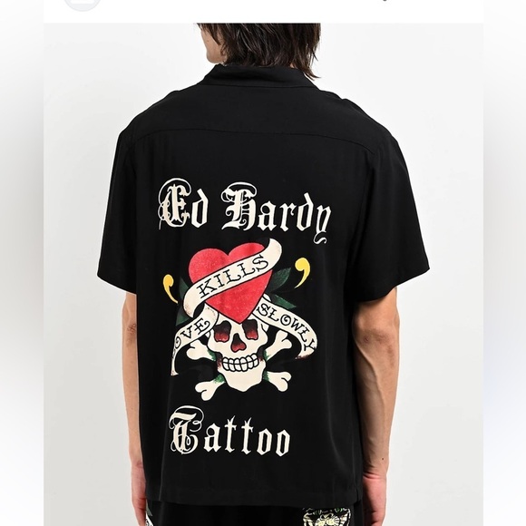 Ed Hardy Love Kills Slowly Woven Black Short Sleeve Button Up Camp Shirt XL - Picture 2 of 15